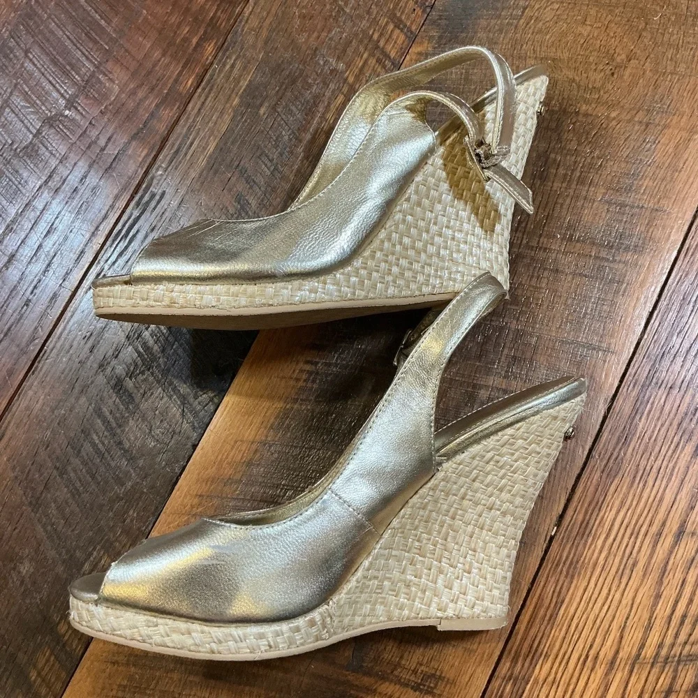 Lilly Pulitzer Kristen Gold Metallic Leather Wedge Espadrilles | Women’s Size 10